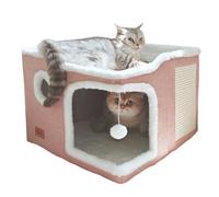 Spindro Large Indoor Cat Bed, Foldable Cat House Cube House with Scratching Mat, Modern Dog Bed with Soft Washable Cushion, 43 x 43 x 33 cm, Pink