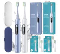Spinel Care SmileOn - Set of 2 Electric Toothbrushes (White + Pink) with 3 Modes, Timer & USB-C Charge - Includes 4 Brush Heads, 2 Cases, 60 Days Battery Life (White/Blue)