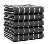 SPINGTON Luxury Stripe Designed Tea Towels for Kitchen - Large Size 60 x 40 cm - 100% Cotton, Super Absorbent and Durable - Quick Drying Hotel Quality Towels (Dark Grey, 5 Pack)
