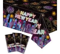 SpinLaLa 3-Piece 54 x 108 Inch Happy New Year Plastic Tablecloth - Disposable Black Fireworks and City Skyline Rectangle Table Covers for New Year’s Eve Parties, Dinners, and Holiday Celebrations