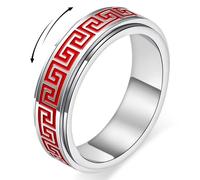 Spinner Fidget Ring for Adults - Red Greek Key Stainless Steel Spinning Ring for Anxiety & Stress Relief, Office Desk, Study, Travel, Classic Vintage Meander Jewelry Gifts for Women & Men (Silver, 9)