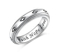 Spinner Fidget Ring S925 Sterling Silver Black Faith Cross Anxiety Worry Band Fidget Stress Relieving Boredom ADHD Autism Jesus Rings Easter Gifts for Women Men,N-1/2