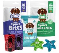 Spinrock Supplies Dog Treats Bundle, 3 Packs of Denzel Bites (Springtime Lamb & Veg, Salmon & Berries, Dental Sticks), 100g Each with Free Squeaky Toy & 1 x Poop Bag roll