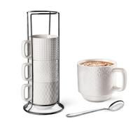 SPIPER Coffee Mug Ceramic Set of 4 with Stand - 14 oz Stackable Large Porcelain Ribbed Latte Cup Set for Cappuccino, Tea, Cocoa, Drinks - Dishwasher & Microwave Safe, white (Large)
