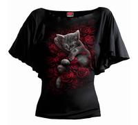 Spiral - BED OF ROSES - Boat Neck Bat Sleeve Top Black - S S