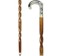 Spiral Brown Wooden Walking Stick with Silver Brass Designer Handle Walking Wooden Cane Gift For Men & Women