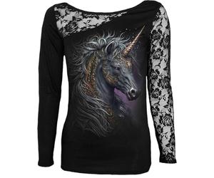 Spiral - Celtic Unicorn - Lace One Shoulder Top Black