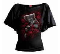 Spiral Direct BED OF ROSES - Boat Neck Bat Sleeve Top Black - S - Screen - Screen