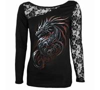 Spiral Direct DRAGON SHARDS - Lace One Shoulder Top Black - S - Digital