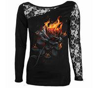 Spiral Direct FLAMING ROSE - Lace One Shoulder Top Black - S - Digital