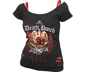 Spiral Direct Women's 5Fdp - Assassin - Licensed Band 2In1 Red Ripped Top Black Regular Fit T - Shirt, Black (Black & Red 005), 16 (Manufacturer Size:L)