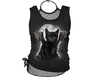 Spiral Direct Women's Bat Cat - 2In1 Neck Tie Mesh Top Black Regular Fit Vest Top, Black (Black 001), 16 (Manufacturer Size:L)