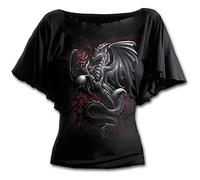 Spiral Direct Women's Dragon Rose-Boat Neck Bat Sleeve Top T-Shirt, Black (Black 001), 24 (Size:XXL)