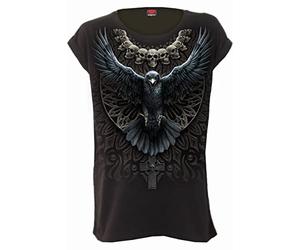 Spiral - Raven Skull - Turnup Sleeve Loosefit Tee - S Black