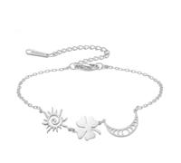 Spiral Sun Moon Four Leaf Clover Charm Stainless Steel Bracelet Trendy | Dainty Couple Friendship Stackable Statement No Tarnish Link Adjustable Chain Boho Fashion Birthday Jewelry Gifts Women Men