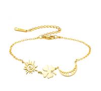 Spiral Sun Moon Four Leaf Clover Charm Stainless Steel Bracelet Trendy | Dainty Couple Friendship Stackable Statement No Tarnish Link Adjustable Chain Boho Fashion Birthday Jewelry Gifts Women Men