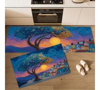 Spiral Trees Village Kitchen Rug Set 2 Pieces, Non-Slip and Washable Kitchen Runner Mat Abstract Landscape Painting Standing Mats for Hallway, Dining Room and Entryway - 40x60cm+40x120cm, Blue