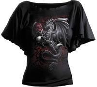 Spiral Women's Dragon Rose-Boat Neck Bat Sleeve Top Black T-Shirt