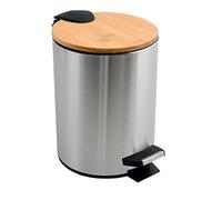 Spirella Adonis Cosmetic Bin 5 Litres Stainless Steel Bamboo with Soft-Close Mechanism and Inner Bucket Bathroom Bin Soft Close Waste Bin Silver