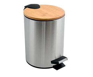 Spirella Adonis Cosmetic Bin 5 Litres Stainless Steel Bamboo with Soft-Close Mechanism and Inner Bucket Bathroom Bin Soft Close Waste Bin Silver