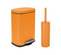 Spirella - AKIRA Steel Pedal Bin + Toilet Brush Set - Soft Easy-Close Closure, Anti-Fingerprint - 21.3 x 17.5 x 30 cm - 5L - Matte Orange