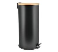 Spirella Stainless Steel Bamboo Soft Close Trash Can with Inner Container Adonis Bathroom Pedal Bin Trash Can Fall Brake Matte Black 30L