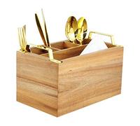 Spiretro Acacia Wood Flatware Caddy - 4 Compartment Silverware Utensil Holder with Golden Metal Handles - 10" W x 6" D x 6.5" H, 2 lbs