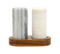 Spiretro Elegant Marble Salt and Pepper Shaker Set with Acacia Wood Holder - Real Grey and White Marble Cylindrical Shakers for Kitchen Shelf, Table or Spice Rack - 3.8cm x 9.5cm Each
