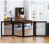 SPIRICH 96-inch Extra Wide 30-inches Tall Dog Gate with Door Walk Through, Freestanding Wire Pet Gate for The House, Doorway, Stairs, Pet Puppy Safety Fence, Support Feet Included(Espresso)