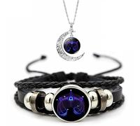Spirilet Bracelet Zodiac Manifestation, Zodiac Signs Spirit Bracelet, Multilayer Adjustable 12 Constellation Weave Leather Bracelets and Moon Pendant Necklace for Men Women Girls Jewelry Gifts Set