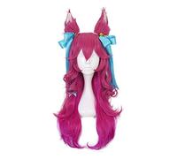 Spirit Blossom Ahri Cosplay Wig with Ears and Hair Accessory, Long Wavy Pink Blue Ombre