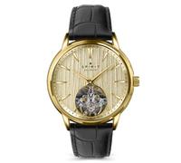 Spirit Gents Gold Plated Open Heart Automatic Black Leather Strap Watch