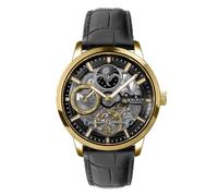 Spirit Gents Gold Plated Sun Moon Automatic Black Leather Strap Watch
