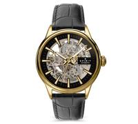 Spirit Gents Skeleton Automatic Gold Plated Black Leather Strap Watch