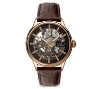 Spirit Gents Skeleton Automatic Rose Gold Plated Brown Leather Strap Watch