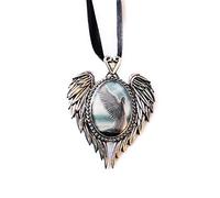 Spirit Guide - Angel Cameo Oval Cabochon Style Pendant Necklace in Winged Setting With Heart Casting at Top, Ribboned - Artwork by Anne Stokes