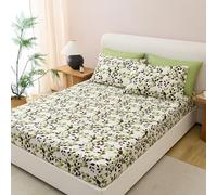 Spirit Linen home 6-Piece Twin Size Bed Sheet Set - Deep Pocket, Green Leaf Pattern, Soft and Breathable Bed Sheets, Microfiber Material, Includes 1 Fitted, 1 Flat, 4 Pillowcases - Beige/Green Leaves