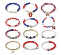 Spiritlele 12pcs World Cup Bracelets Set Red White Blue Clay Bead Wristband Stackable USA Soccer Charm Stretch Bracelet For Women Football Sports Fans Jewelry Gift, One Size, Acrylic, no gemstone