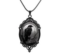 Spiritrain Gothic Teardrop Raven Cross Glass Pendant Necklace for Women Men Punk Vintage Black Dark Oval Geometric Leather Rope Choker Necklace for Mystic Witch Halloween Party Jewelry Gifts, M, Glass