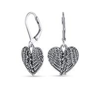 Spiritual Amulet Heart Shaped Guardian Angel Wings Feather Dangle Earrings For Women Teens Oxidized .925 Sterling Silver Lever Back
