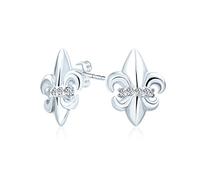 Spiritual Ancient Symbol Lily Flower Fleur De Lis Pave CZ Accent Fleur De Lis Stud Earrings For Women Men Lightweight CZ Accent .925 Sterling Silver