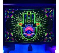 Spiritual Blacklight Tapestry UV Reactive, Trippy Hamsa Hand Evil Eye Mandala Black Light Art Poster for Men Room Bedroom, Psychedelic Bohemian Meditation Glow in the Dark Blanket Party Decor (60X40)