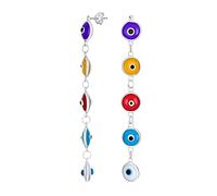 Spiritual Protection 2.5 Inch Long Linear Multiple Round Multi Color Evil Eye Dangle Drop Earrings For Women Teen Glass .925 Sterling Silver Made In Turkey