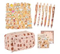 Spiritzohic Capybara Pencil Case, Capybara Pencil Pouch with Compartments 6PCS Erasable Gel Pens, Notepad, Sticky Note and Stickers Cartoon Pen Case Stationery Organizer Pen Pouch for School Supplies