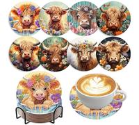 Spiritzohic Highland Cow Diamond Painting Coasters Kit with Holder, 8 Pcs Diamond Art Coaster, Non-Slip DIY Dot Paint Craft Kits, Adults and Beginners Art Craft Supplies