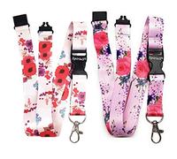 SpiriuS 2 X Keychain & Lanyard Neck Strap For ID Pass Card Badge Key Metal clasps (Poppies in white + Pink flowers)