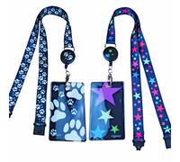 SpiriuS 2 x Retractable Reel Breakaway Lanyards Neck Straps with Unique Waterproof Zip Lock Card Holders for Badge, Pass, ID Card B (Paws + Stars)