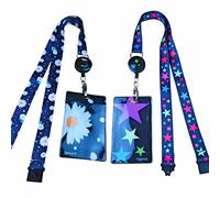 SpiriuS Set 2 x Retractable Reel Breakaway Lanyards Neck Straps with Unique Waterproof Zip Lock Card Holders for Badge, Pass, ID Card (Stars + Daisies)