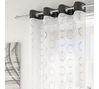 Spiro retro circles black silver white voile 55 x 90 drop inches 140cm x 229cm approx plain eyelet ring top sheer elegance curtain door panel
