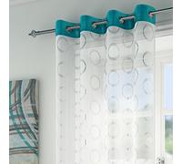 Spiro retro circles teal blue silver white voile 55 x 90 drop inches 140cm x 229cm approx plain eyelet ring top sheer elegance curtain door panel